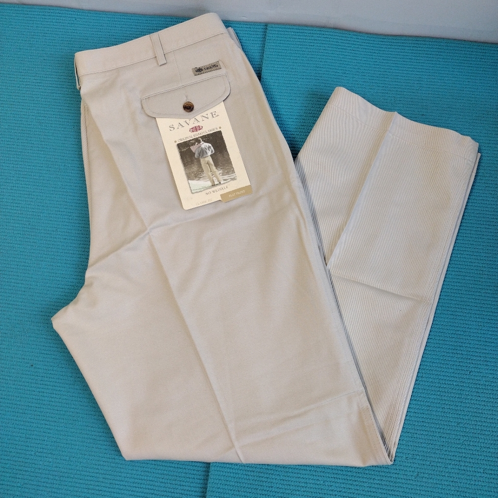 Savane Mens Dress Pants Khaki Flat Front Beige No Wrinkle Size 40X32